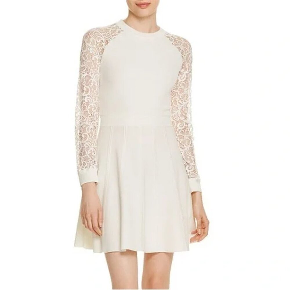 Alice + Olivia Knit Lace Fit & Flare Dress Medium Cream White Stretch